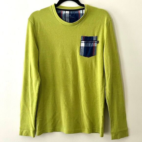 Psycho Bunny Waffle Knit Mens Long Sleeve Neon Yellow Green Plaid Pocket Medium - Picture 1 of 4